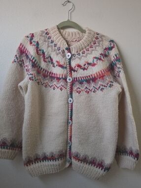 Fair Isle Button-Up Cardigan Virgin Wool Sweater Canadian Large